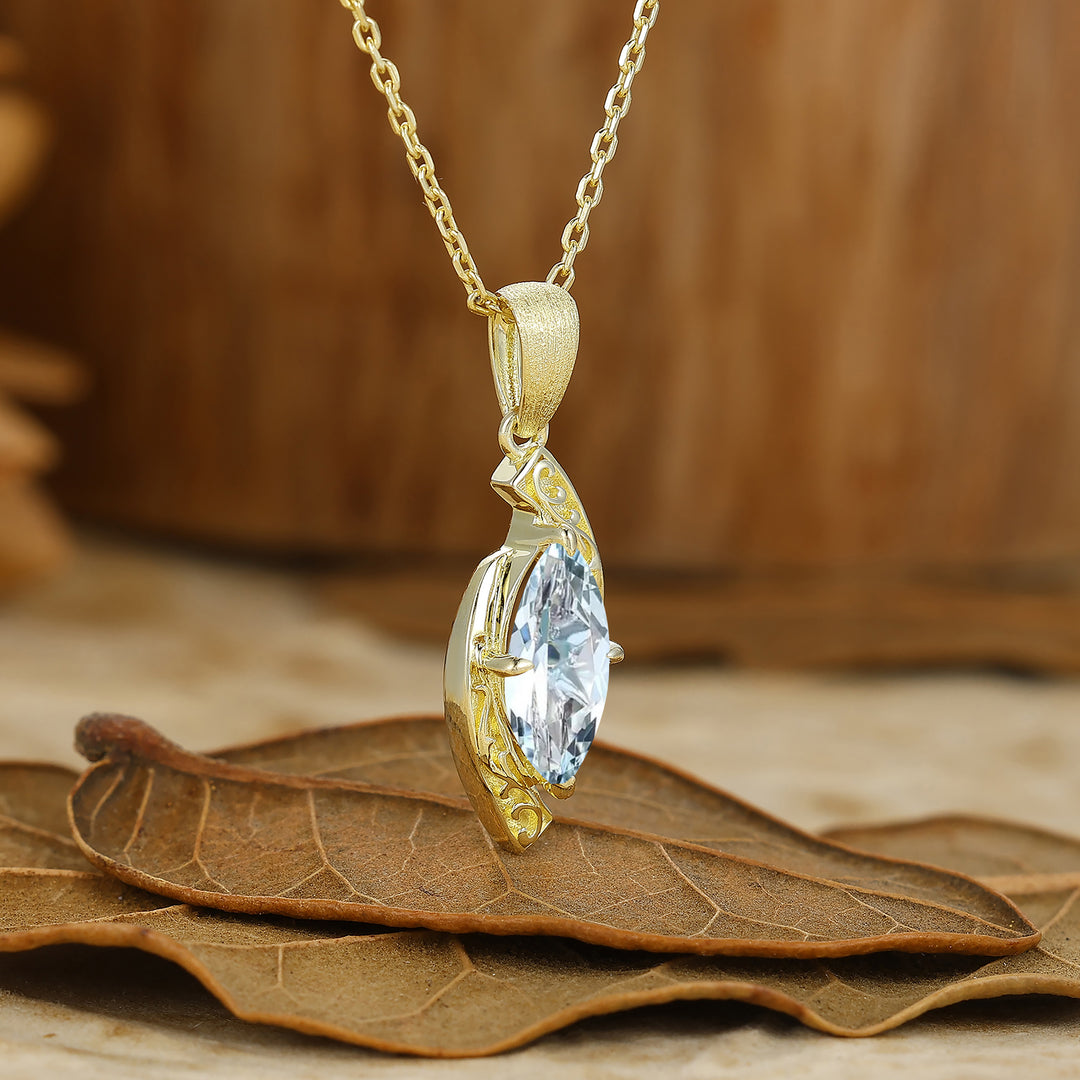 Vintage-Style Marquise Cut  Aquamarine Pendant C-Shaped Pendant Necklace For Her