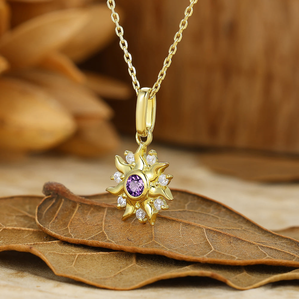 Sunburst Round Natural Amethyst Pendant Handmade Bridal Necklace For Her