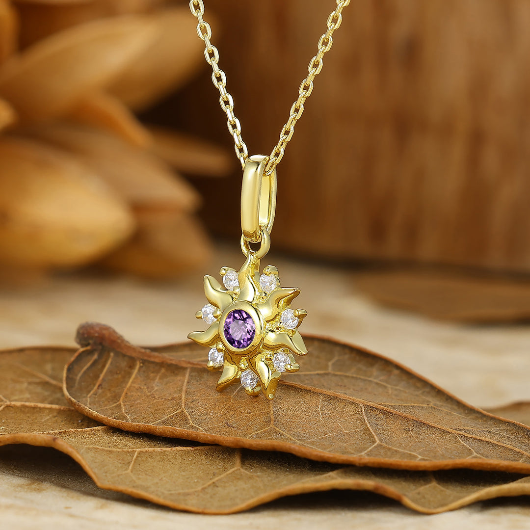 Sunburst Round Natural Amethyst Pendant Handmade Bridal Necklace For Her