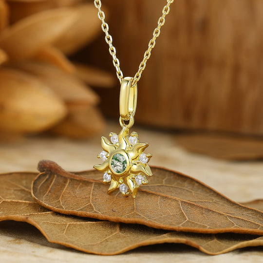 Sunburst Design Moss Agate Pendant Vintage Women Necklace Anniversary Gift