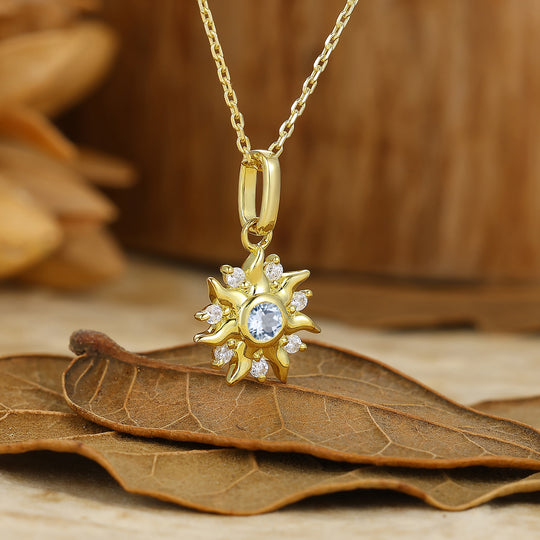 Vintage Sun Design Aquamarine Pendant S925 Anniversary Bridal Necklace