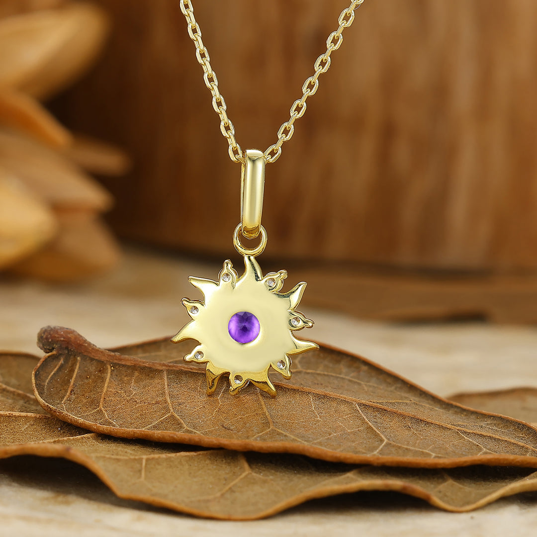 Sunburst Round Natural Amethyst Pendant Handmade Bridal Necklace For Her