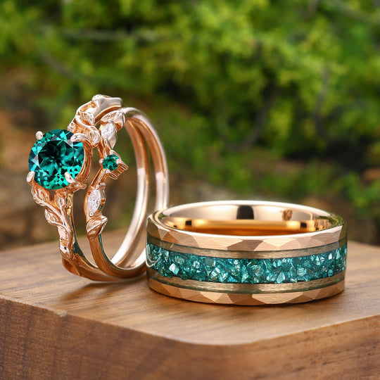 Unique Leaf Design Emerald Couple Rings Rose Gold Plated Matching Ring Set His And Hers Rings