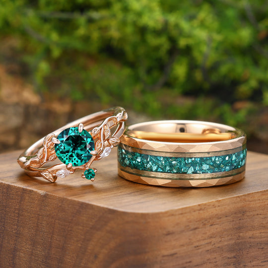 Unique Leaf Design Emerald Couple Rings Rose Gold Plated Matching Ring Set His And Hers Rings