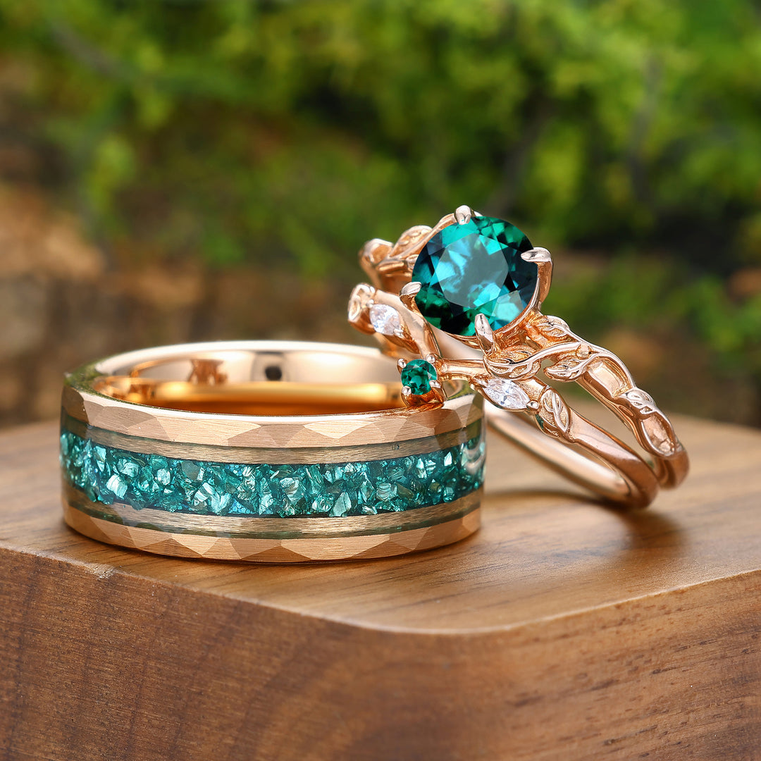 Unique Leaf Design Emerald Couple Rings Rose Gold Plated Matching Ring Set His And Hers Rings