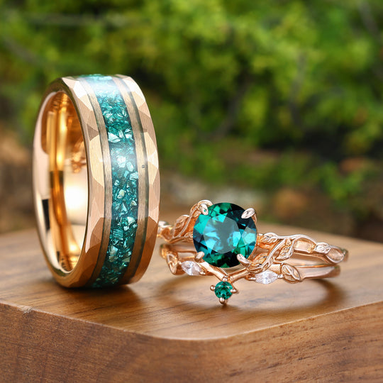 Unique Leaf Design Emerald Couple Rings Rose Gold Plated Matching Ring Set His And Hers Rings