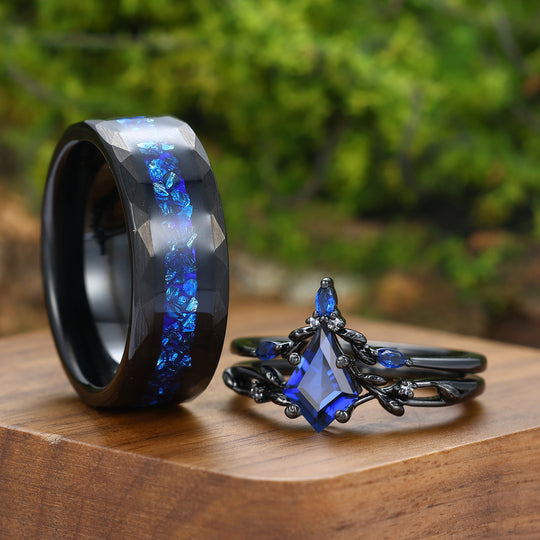 Dainty Leaf Sapphire Couple Ring Set Nature Inspired His and Hers Blue And Black Matching Rings
