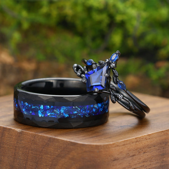 Dainty Leaf Sapphire Couple Ring Set Nature Inspired His and Hers Blue And Black Matching Rings