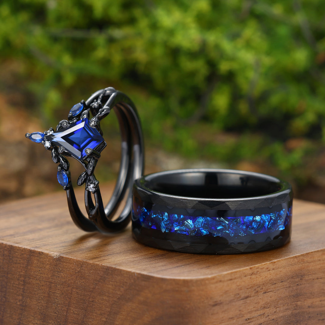 Dainty Leaf Sapphire Couple Ring Set Nature Inspired His and Hers Blue And Black Matching Rings
