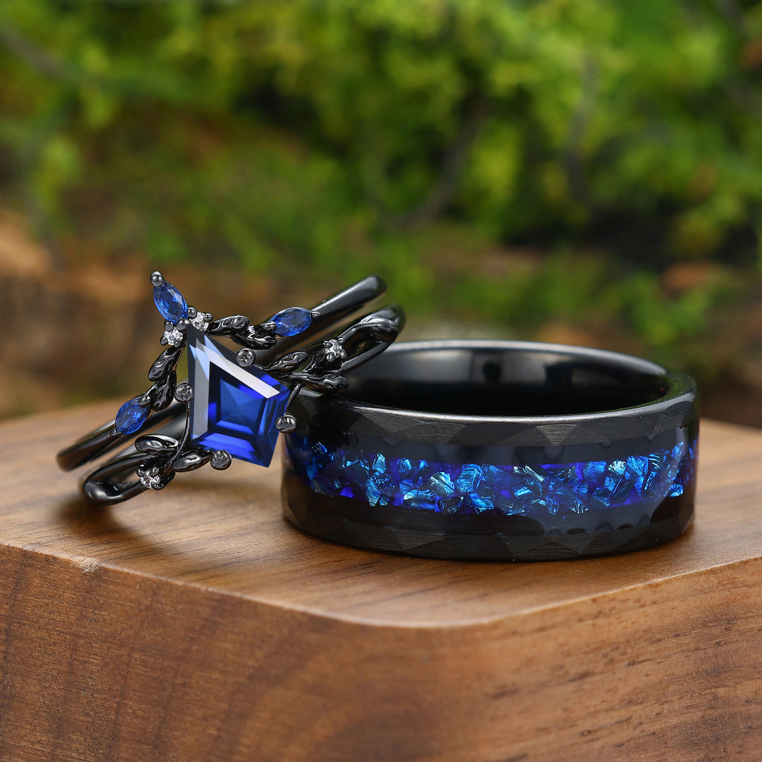 Dainty Leaf Sapphire Couple Ring Set Nature Inspired His and Hers Blue And Black Matching Rings