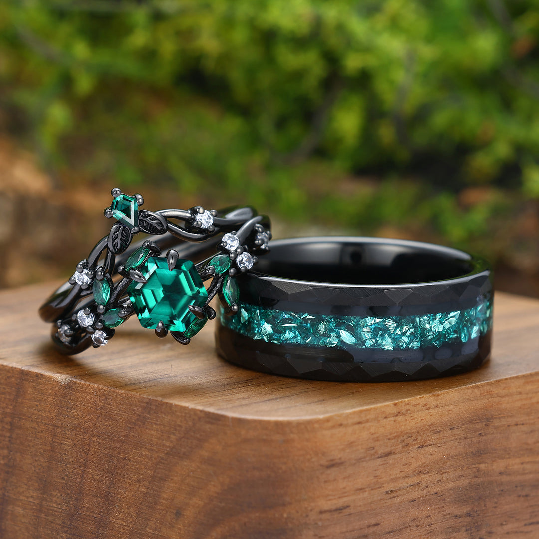 Art Deco Emerald Leaf Branch Couple Rings Leaf Inspired Matching Ring Set Rings For Him And Her