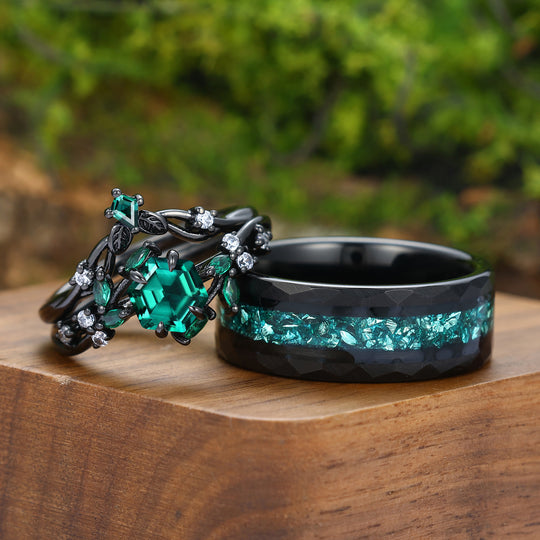 Art Deco Emerald Leaf Branch Couple Rings Leaf Inspired Matching Ring Set Rings For Him And Her