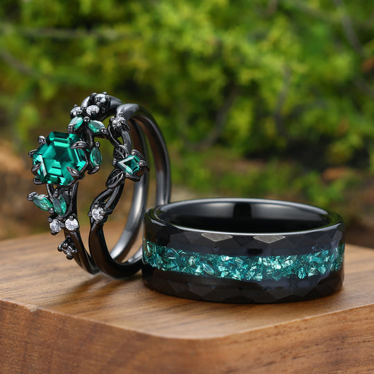 Art Deco Emerald Leaf Branch Couple Rings Leaf Inspired Matching Ring Set Rings For Him And Her