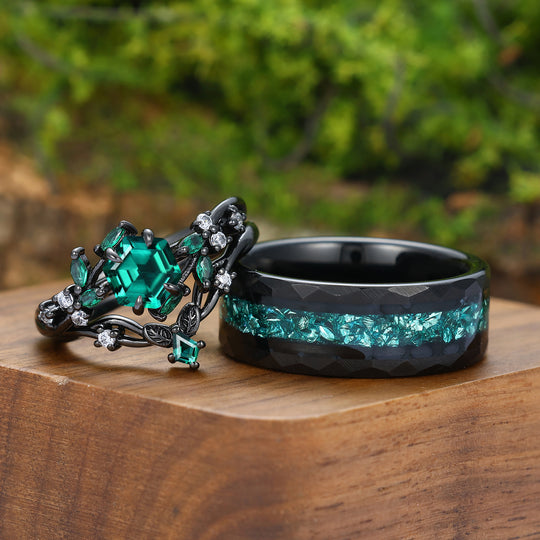 Art Deco Emerald Leaf Branch Couple Rings Leaf Inspired Matching Ring Set Rings For Him And Her