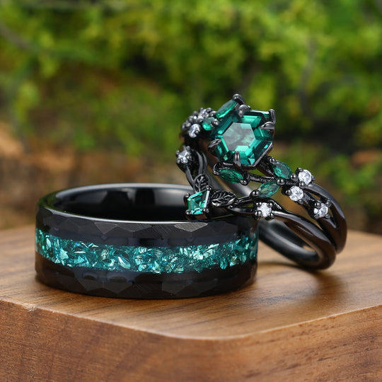 Art Deco Emerald Leaf Branch Couple Rings Leaf Inspired Matching Ring Set Rings For Him And Her