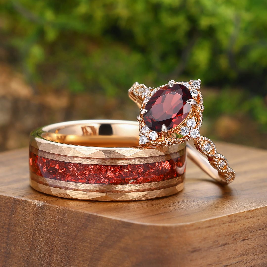 Vintage Natural Red Ganret Milgrained Couple Rings Marriage Ring Set Matching Ring Set