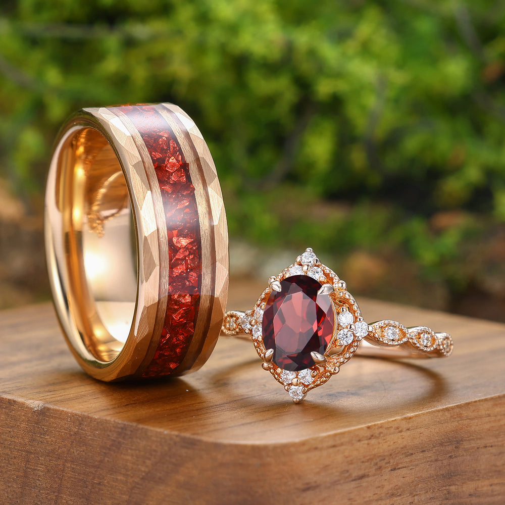 Ensemble de bagues de mariage assorties pour couple vintage en Ganret rouge naturel, finition millegrain