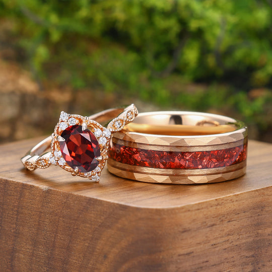 Vintage Natural Red Ganret Milgrained Couple Rings Marriage Ring Set Matching Ring Set