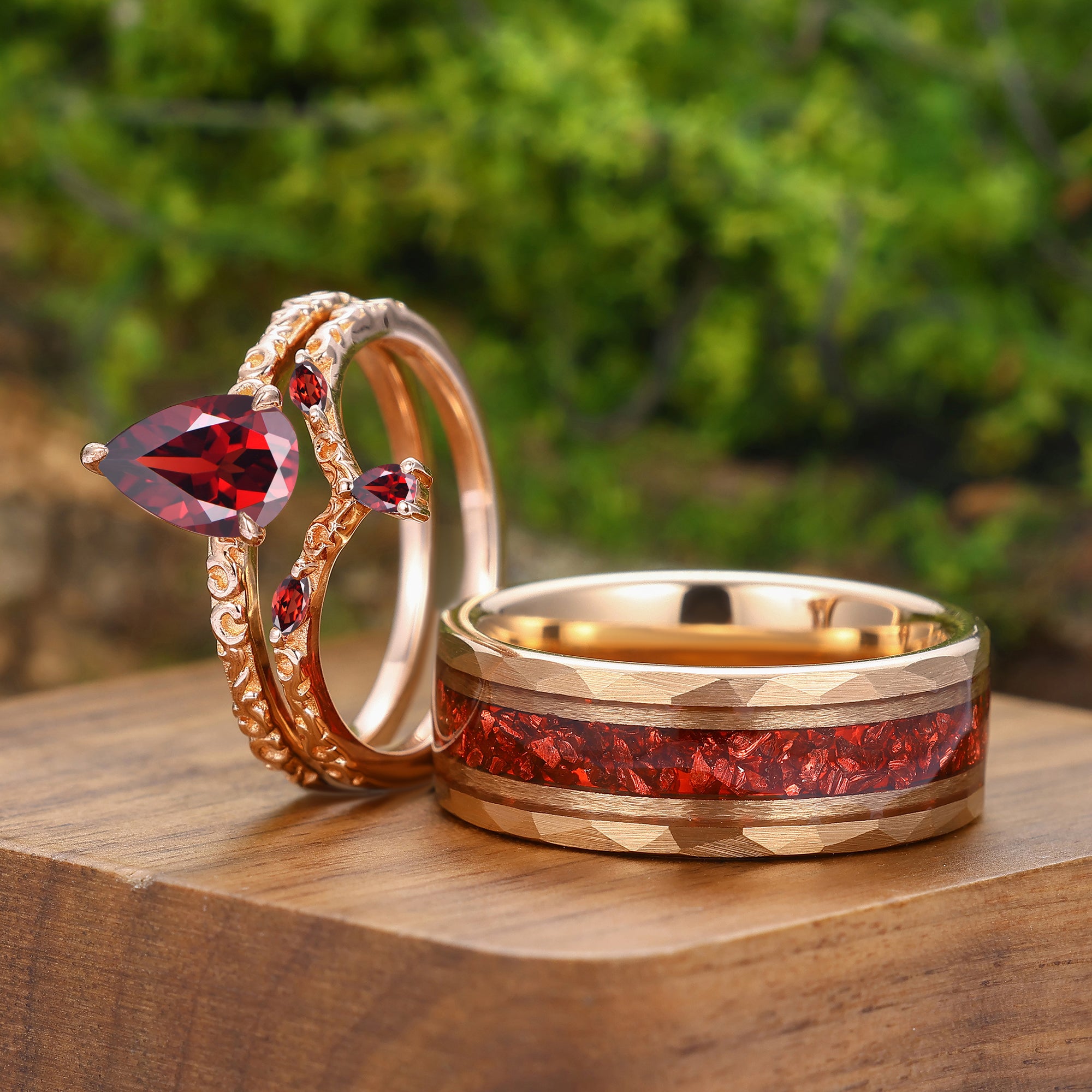 Exquisite Natural Red Ganret Filigreed Couple Ring Set Rose Gold