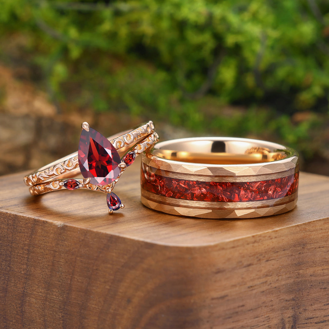 Exquisite Natural Red Ganret Filigreed Couple Ring Set Rose Gold Plated Flourish His And Hers Ring