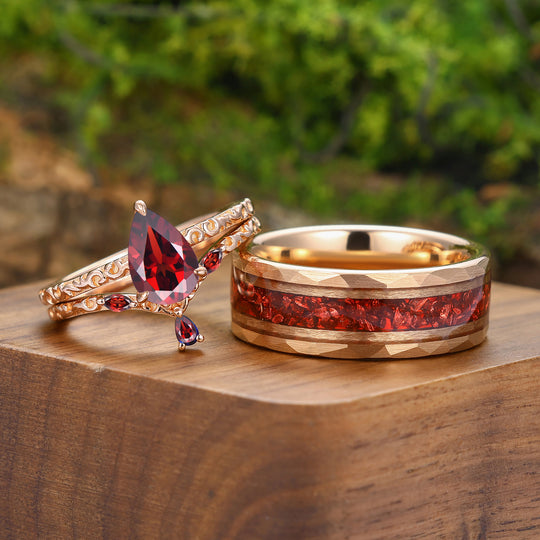 Exquisite Natural Red Ganret Filigreed Couple Ring Set Rose Gold Plated Flourish His And Hers Ring