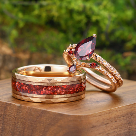 Exquisite Natural Red Ganret Filigreed Couple Ring Set Rose Gold Plated Flourish His And Hers Ring