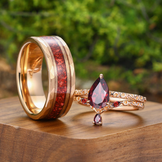 Exquisite Natural Red Ganret Filigreed Couple Ring Set Rose Gold Plated Flourish His And Hers Ring