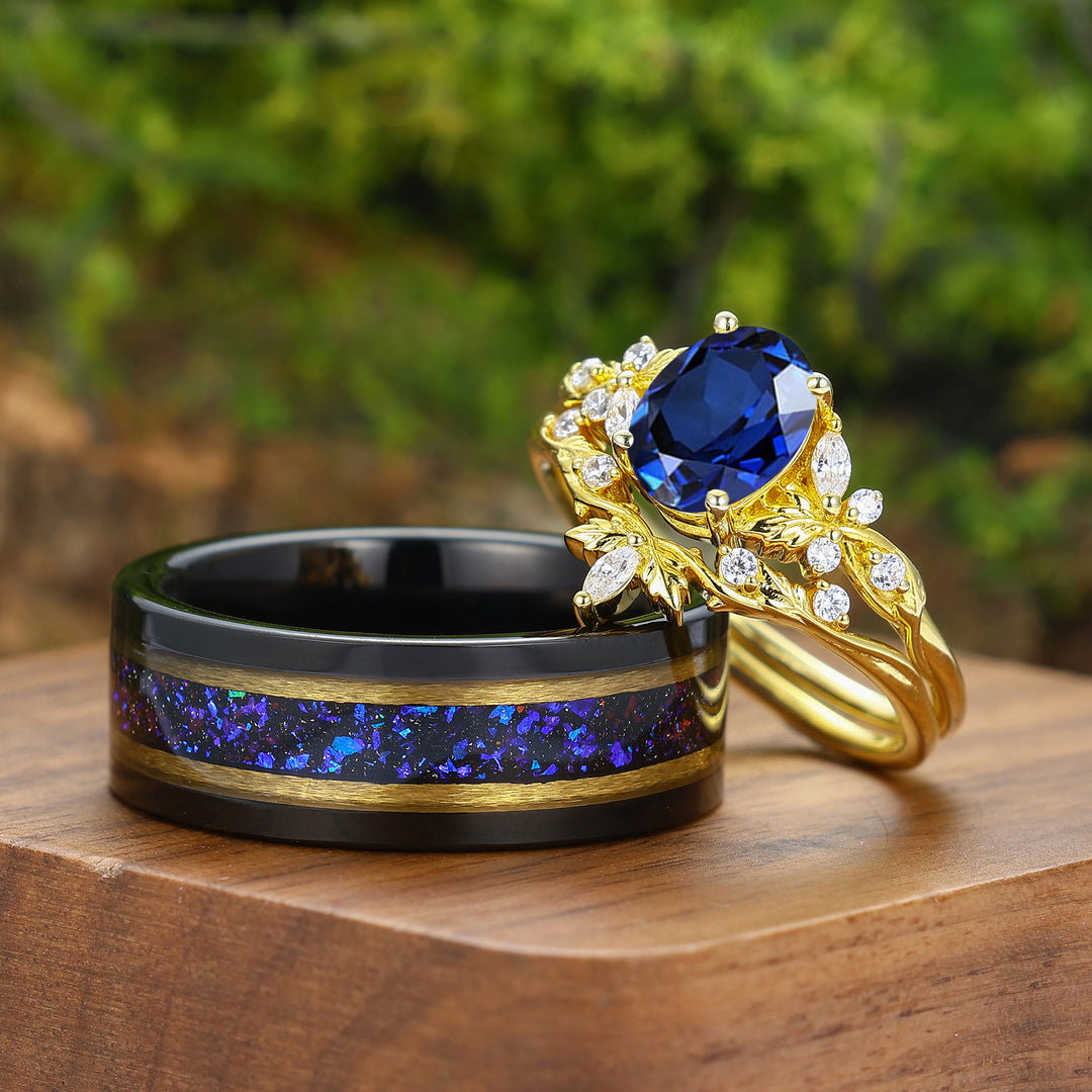 Vintage Leaf Inspired Sapphire Couple Ring Set Yellow Gold Plated His And Hers Rings Marriage Rings