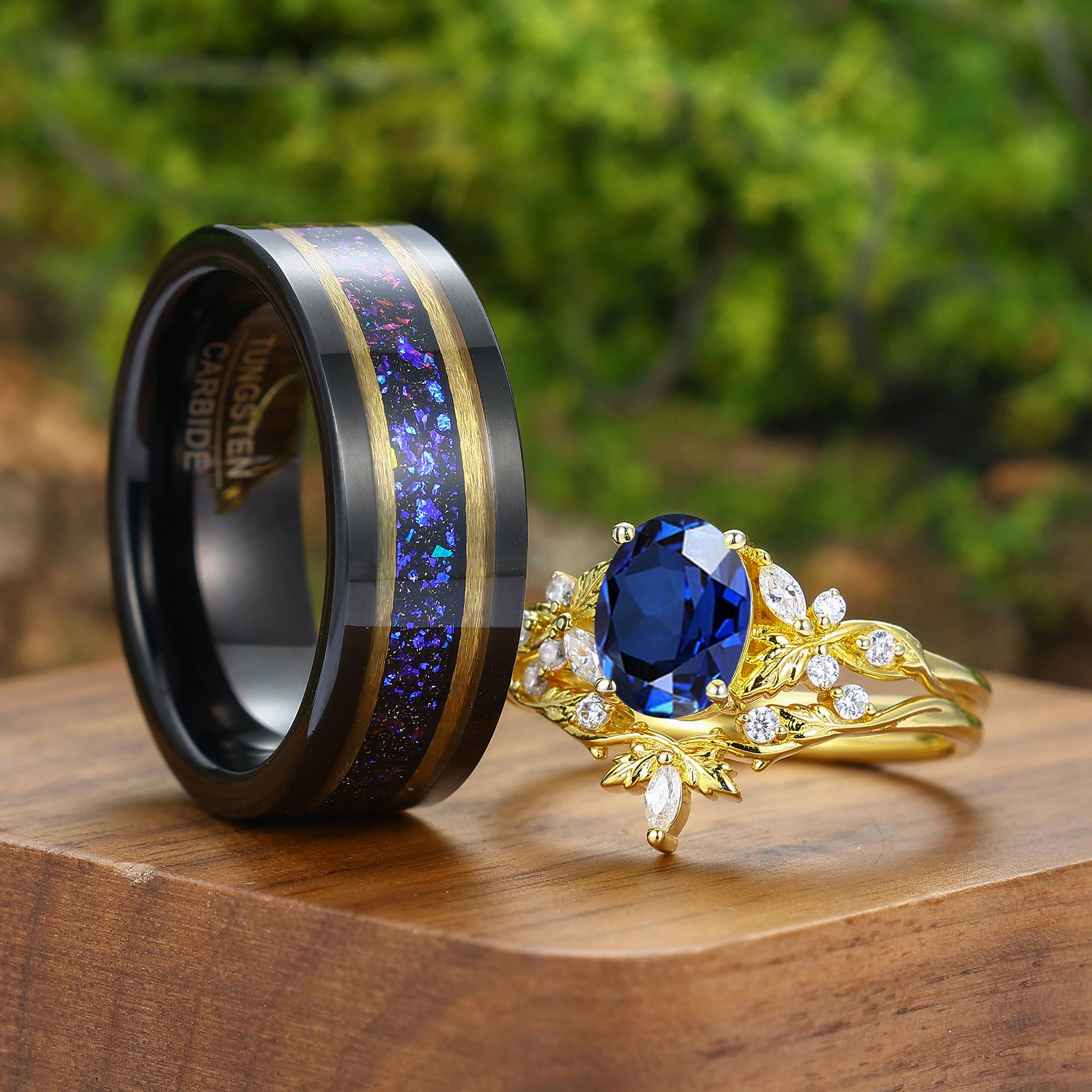 Vintage Leaf Inspired Sapphire Couple Ring Set Yellow Gold Plated His