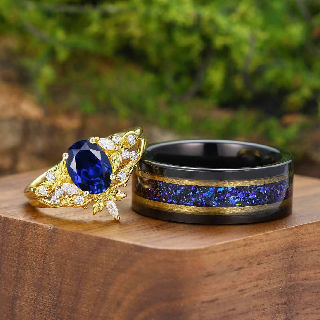 Vintage Leaf Inspired Sapphire Couple Ring Set Yellow Gold Plated His And Hers Rings Marriage Rings