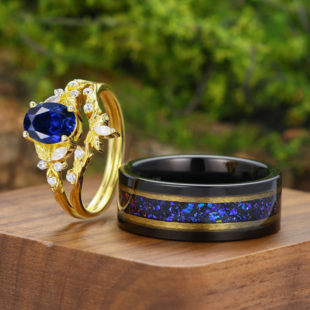 Vintage Leaf Inspired Sapphire Couple Ring Set Yellow Gold Plated His And Hers Rings Marriage Rings