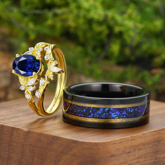 Vintage Leaf Inspired Sapphire Couple Ring Set Yellow Gold Plated His And Hers Rings Marriage Rings