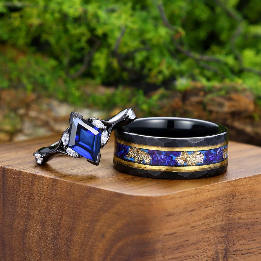 Delicate Sapphire Twisted Vines Engagement Couple Rings Matching Hammered Blue Tungsten Wedding Band -  Esdomera.com
