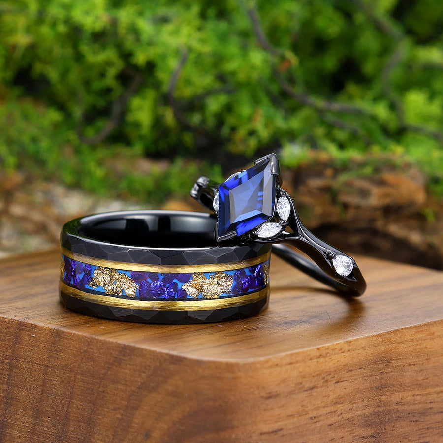 Delicate Sapphire Twisted Vines Engagement Couple Rings Matching Hammered Blue Tungsten Wedding Band -  Esdomera.com