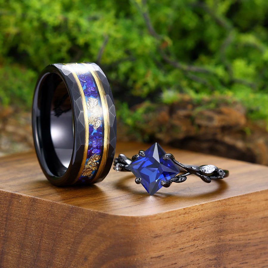 Dainty 2CT Sapphire Curved Engagement Couple Rings Black Plated Tungsten Matching His And Hers Wedding Band -  Esdomera.com