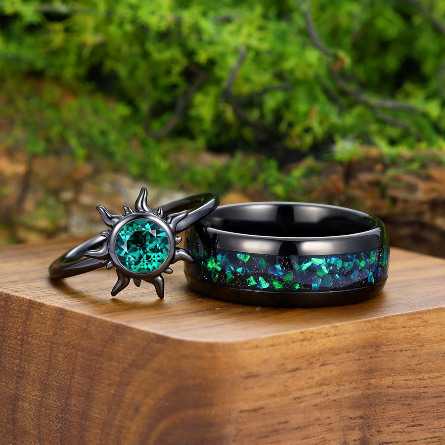 Black Gold Emerald Couples Ring Set and Peacock Opal Tungsten Matching Band His and Hers Wedding Ring Set -  Esdomera.com
