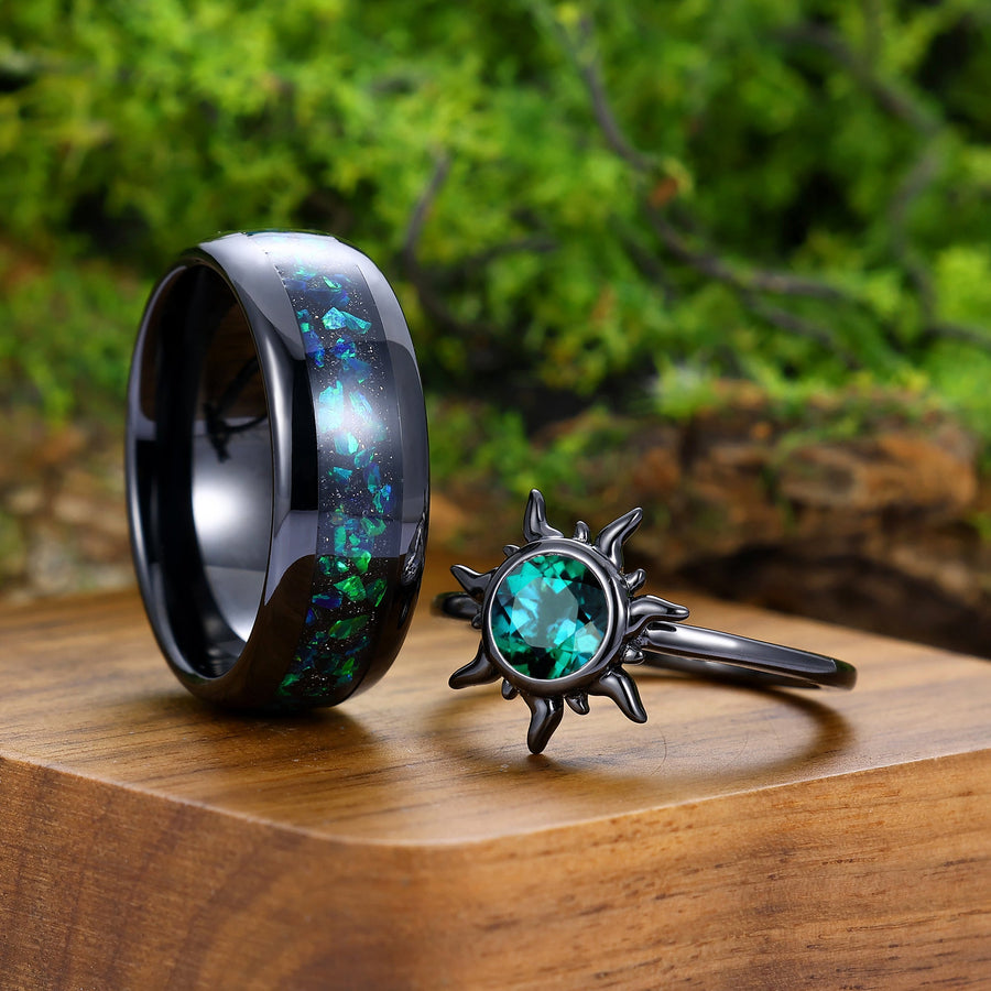 Black Gold Emerald Couples Ring Set and Peacock Opal Tungsten Matching Band His and Hers Wedding Ring Set -  Esdomera.com