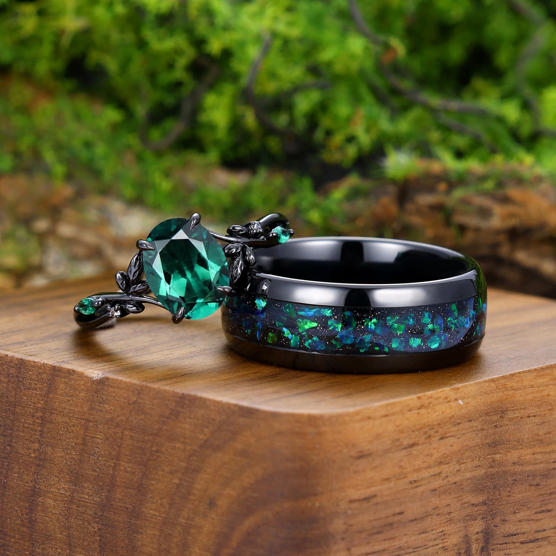 Black Gold Emerald Couples Ring Set And Peacock Opal Tungsten