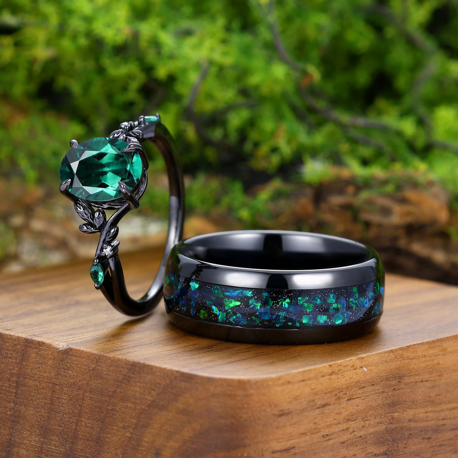 Black Gold Emerald Couples Ring Set And Peacock Opal Tungsten Matching Ring His and Hers Wedding Ring Set -  Esdomera.com