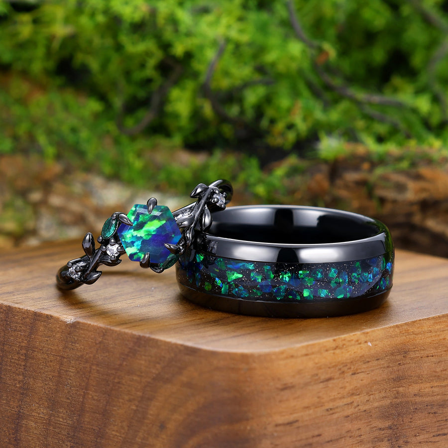 Leaf Design Peacock Green Opal Couples Ring Set Tungsten Matching Ring His and Hers Wedding Ring Set -  Esdomera.com
