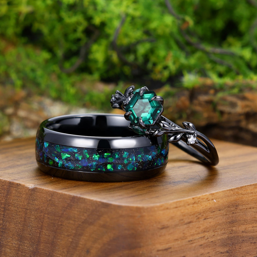 Gold Black Wedding Rings For Her Leaf Design Black Gold Emerald