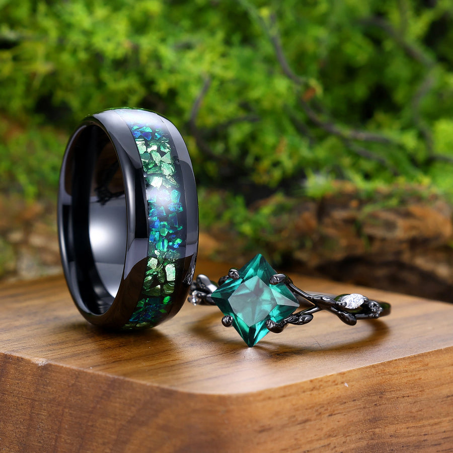Leaf Design Emerald Couples Ring Set Tungsten Matching Ring His and Hers Wedding Ring Set -  Esdomera.com