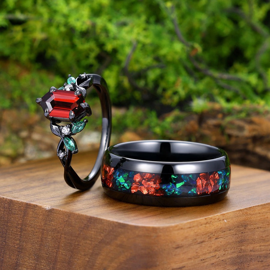 Romantic Red Garnet Stem Design His and Hers Wedding Ring Matching Tungsten Engagement and Wedding Rings -  Esdomera.com