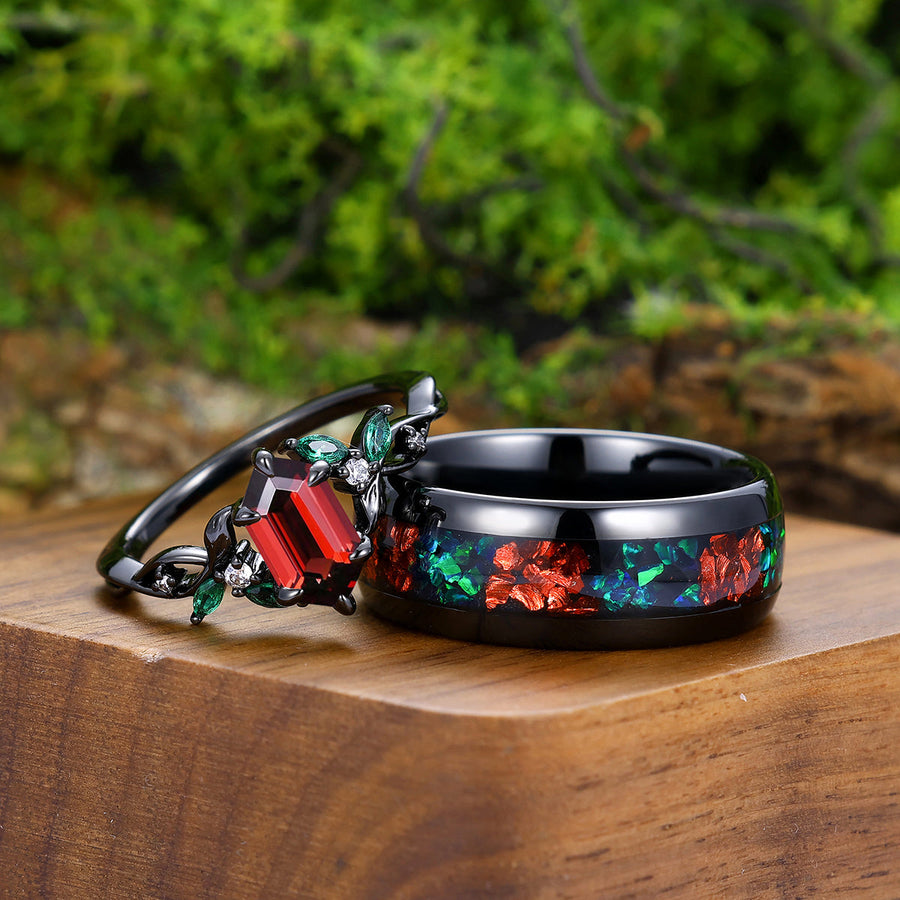 Romantic Red Garnet Stem Design His and Hers Wedding Ring Matching Tungsten Engagement and Wedding Rings -  Esdomera.com