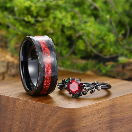 Personalized Red Garnet Leaves Engagement Couples Ring Set Matching Ruby Tungsten Wedding Bands