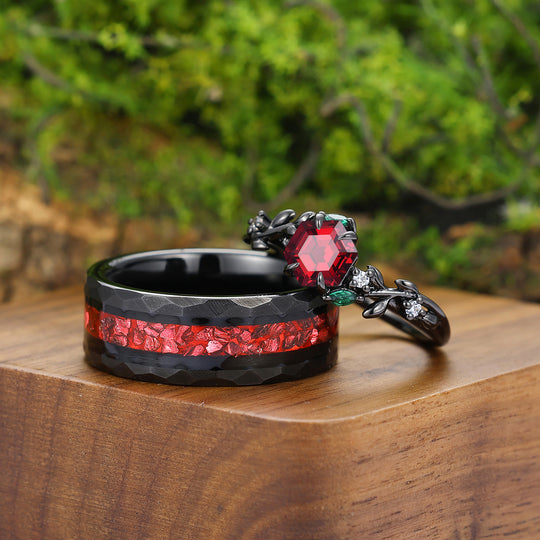 Personalized Red Garnet Leaves Engagement Couples Ring Set Matching Ruby Tungsten Wedding Bands