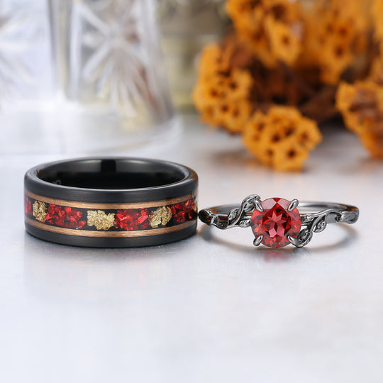Unique Leaf Design Red Garnet Couple Rings Rose Gold Plated Matching Ring Set His And Hers Rings