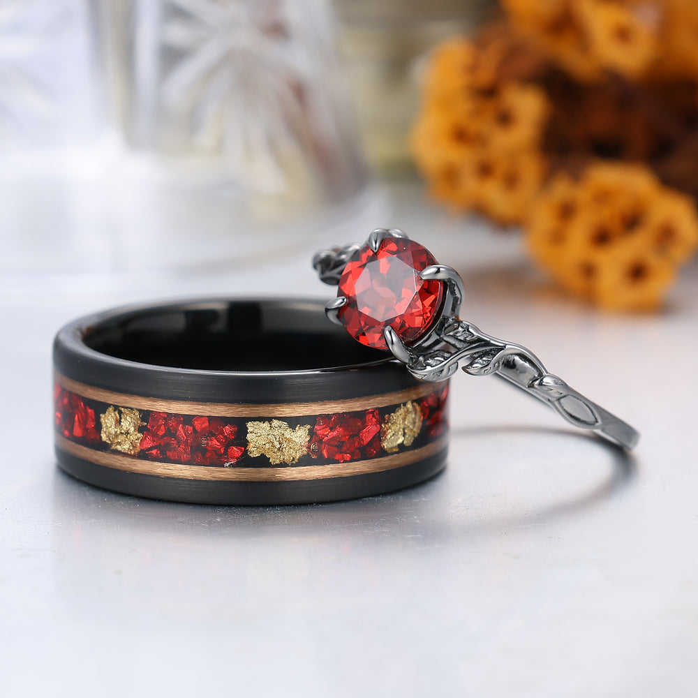 Ensemble de bagues assorties pour couple — motif feuille unique, grenat rouge, plaqué en or rose, bagues pour lui et pour elle