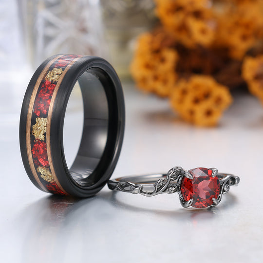 Unique Leaf Design Red Garnet Couple Rings Rose Gold Plated Matching Ring Set His And Hers Rings