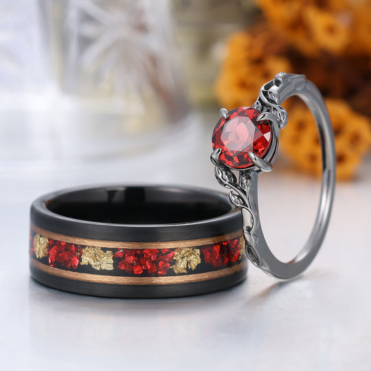 Unique Leaf Design Red Garnet Couple Rings Rose Gold Plated Matching Ring Set His And Hers Rings